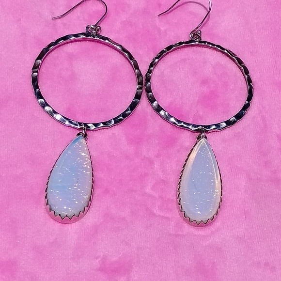 Real sterling silver drop hoop earrings with white glitter stone. - Picture 2 of 2